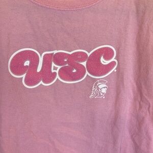 USC Trojans Short Sleeve Shirt Sz L Pink and White Glitter Logo Tommy Trojan